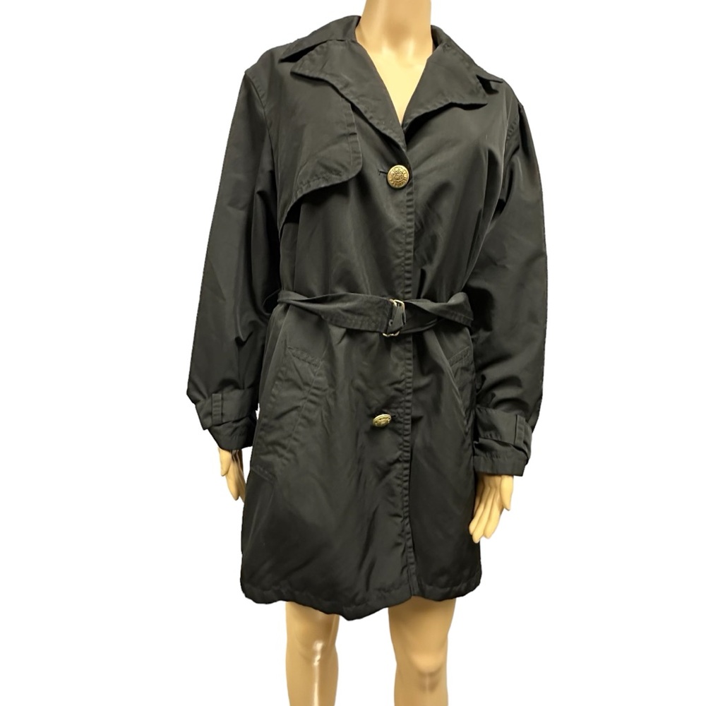 Mondi Fashion Vintage Black Belted Trench Coat Buckle Sleeve Jacket Womens Small